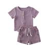Baby Cute Shorts Set Solid Color Style Round Neck Short Sleeve Button Closure Top Breathable Elastic Breeches Suit