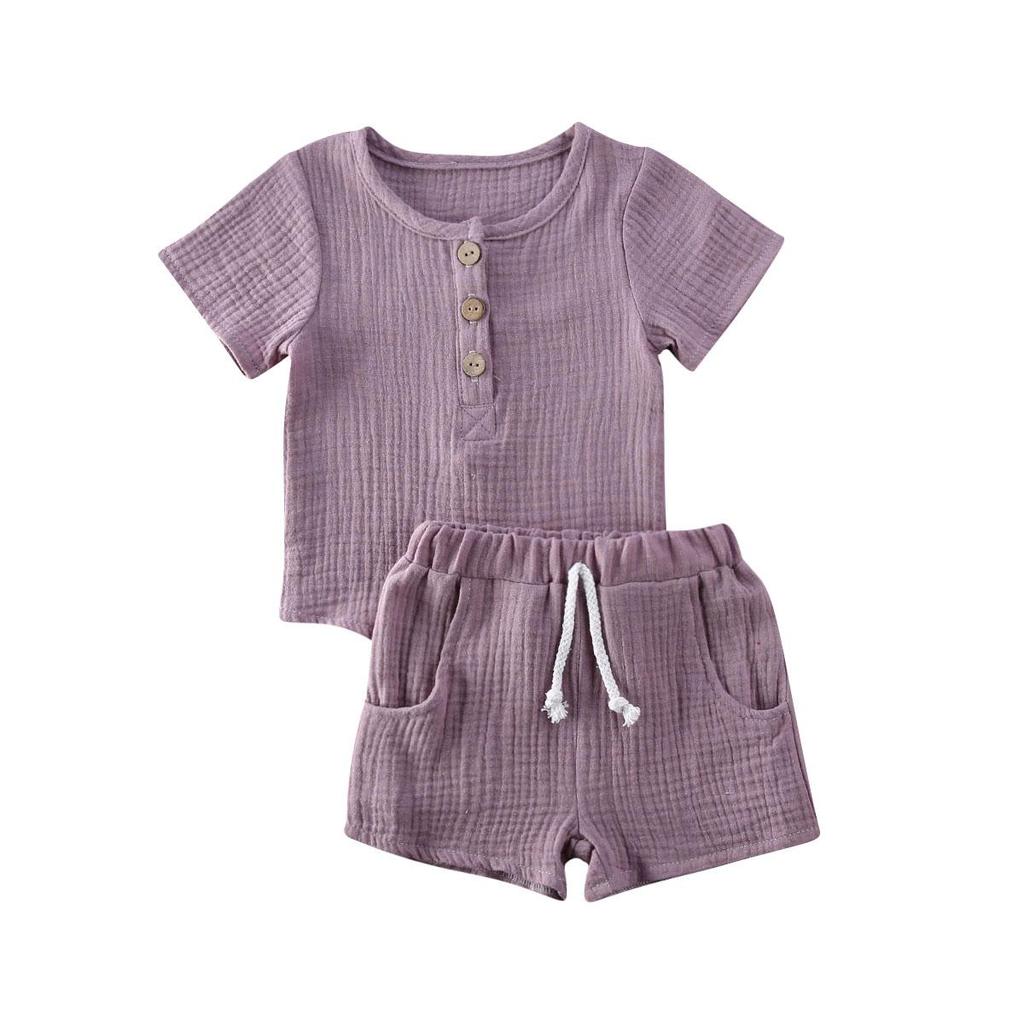 Baby Cute Shorts Set Solid Color Style Round Neck Short Sleeve Button Closure Top Breathable Elastic Breeches Suit