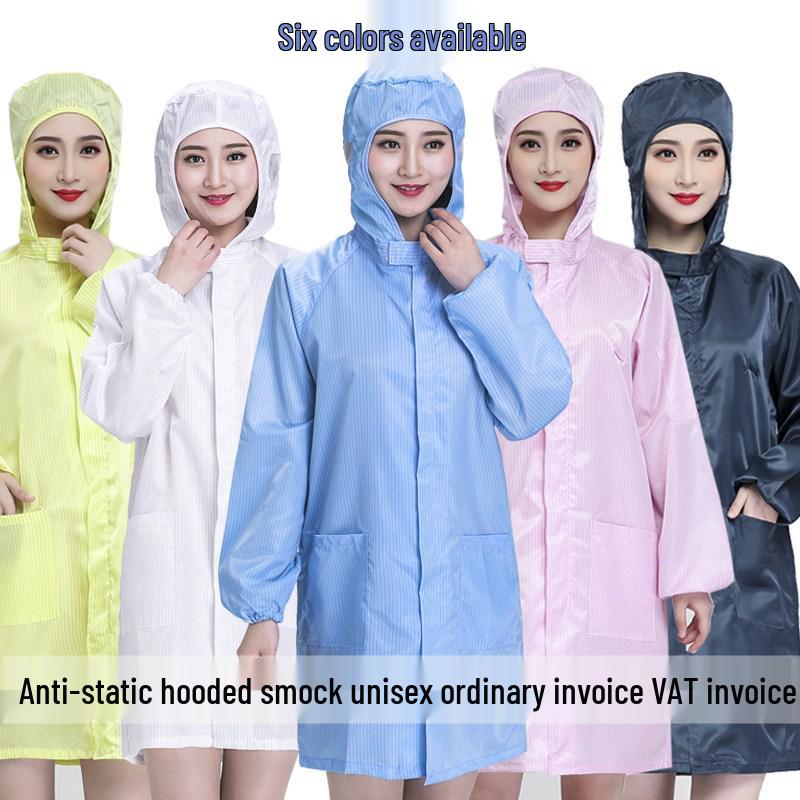 Unisex Anti-Static Dustproof Lab Coat with Hood - Long Sleeve, Blue/White for Cleanroom & Workshop.