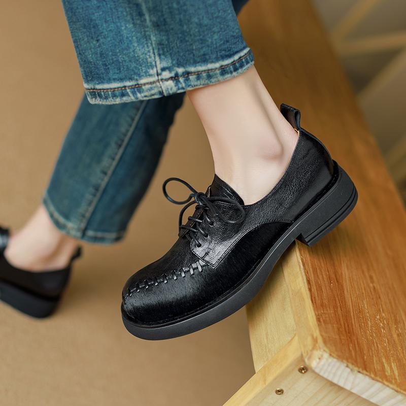 2024 Осень Новые Туфли на платформе Женские Натуральная Коровья Кожа Круглые Перекрестные Застежки Толстая Подошва Женская Повседневная Обувь Туфли Ручной Работы
