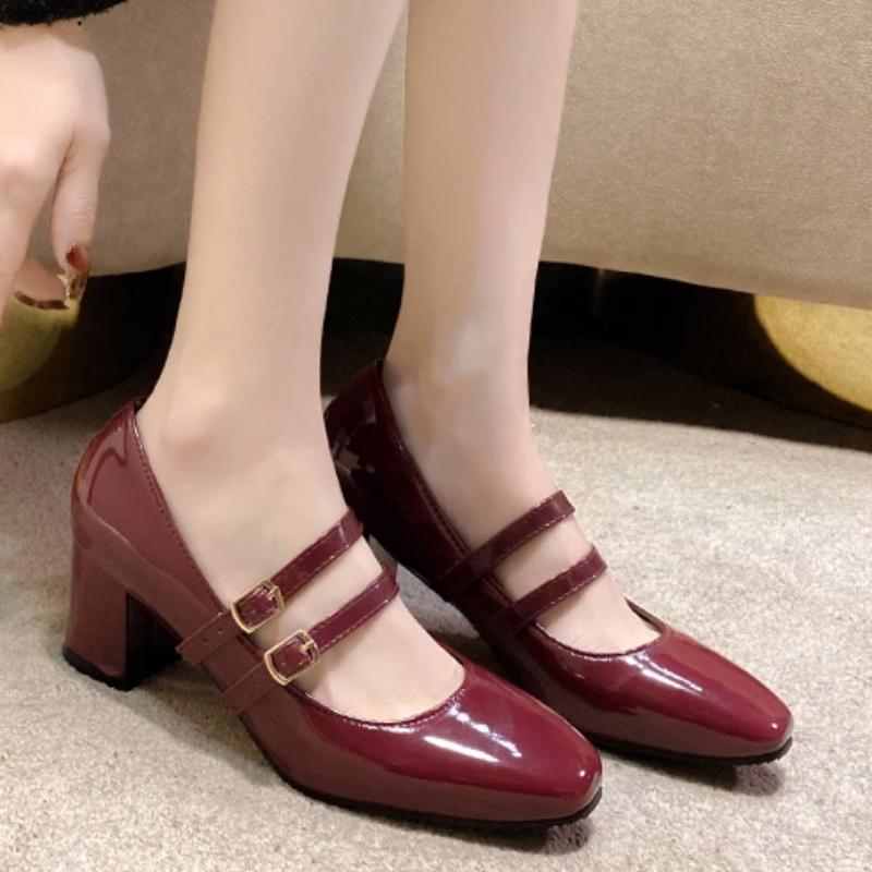 Распродажа модной женской обуви 2024 года, новые туфли-лодочки с открытой пяткой, женские туфли-лодочки, осенние туфли с квадратным носком, двойной пряжкой, неглубокие однотонные туфли на толстом каблуке