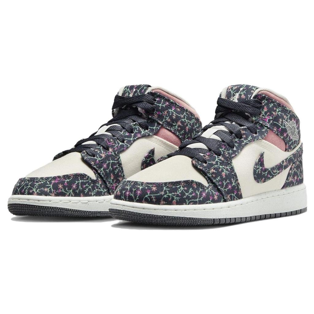 Кроссовки Air Jordan 1 Mid SE GS Floral Kids, черные, антрацитовые, парус FJ3451-001