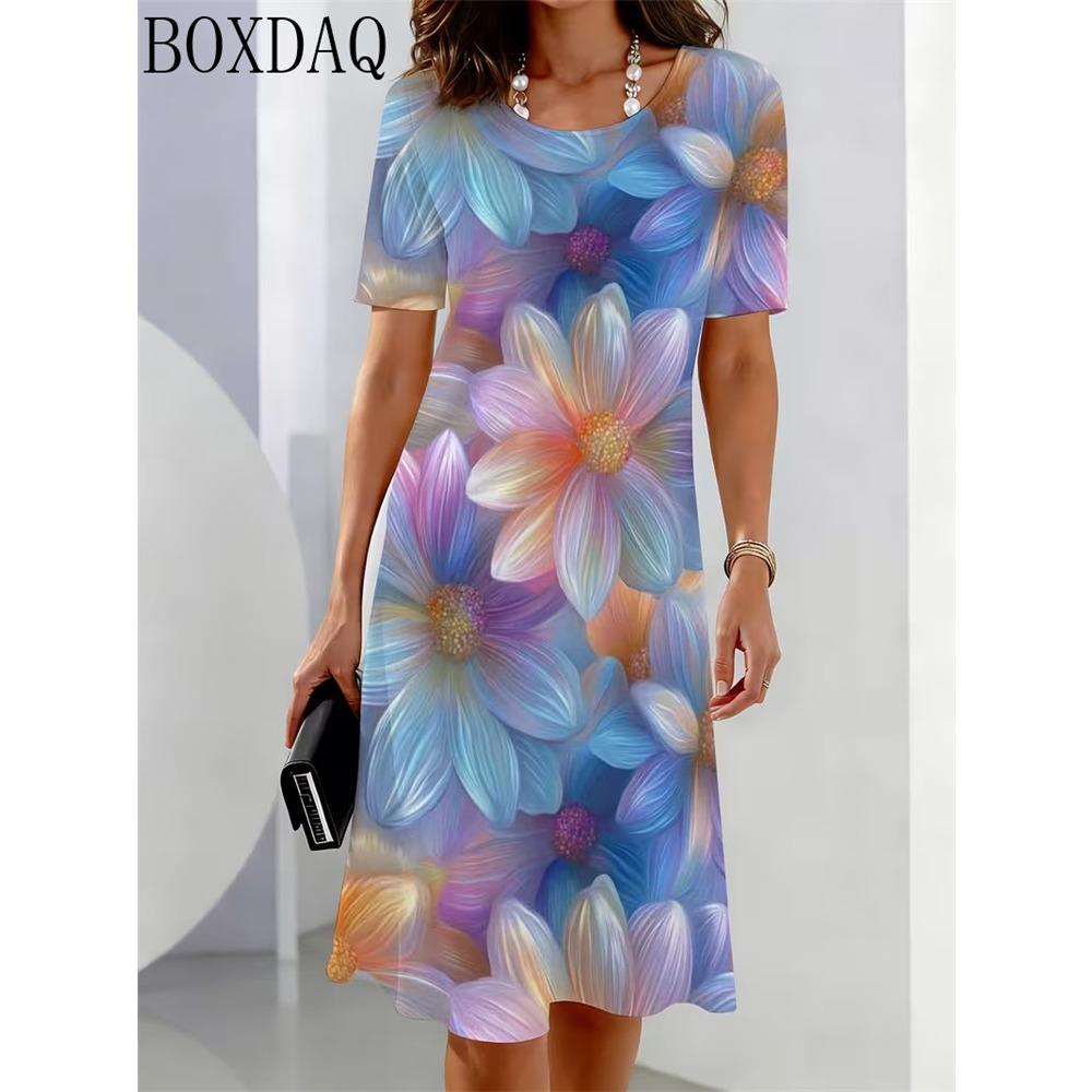 Fashionable and Elegant Summer Women's Round Neck Short Sleeved Flower Printed Loose A-Line Dress