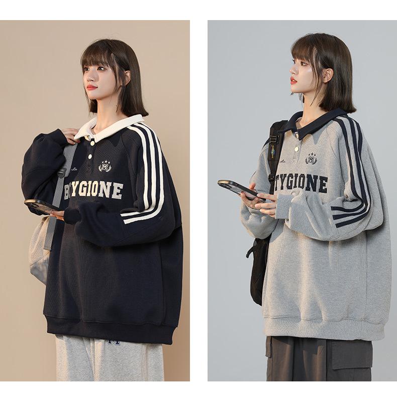 Женский серый свитшот с вышивкой и воротником поло - Свободный крой оверсайз, Тренд весна/осень 2025