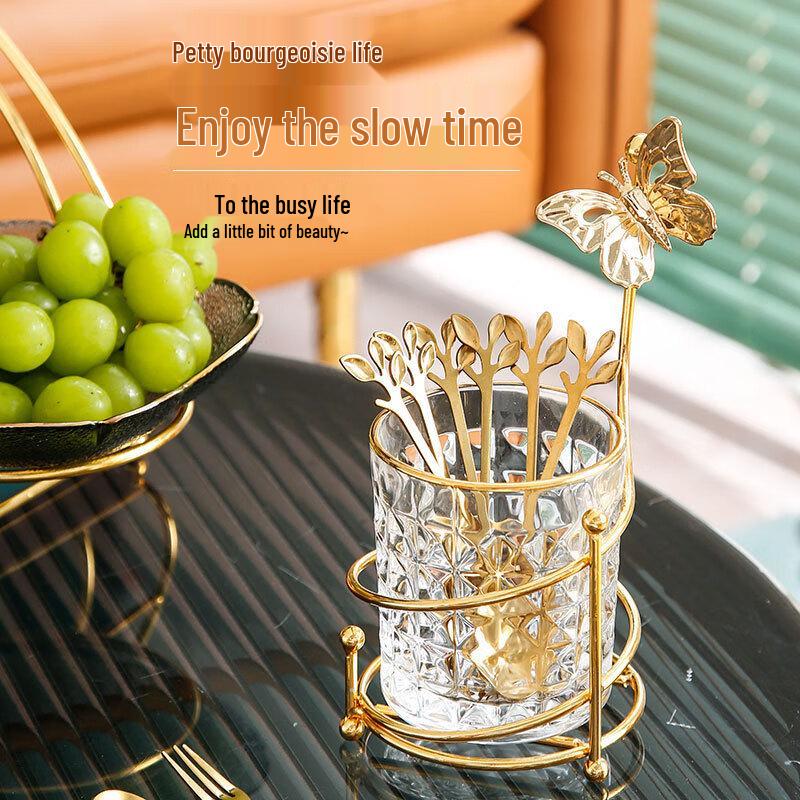 Golden Leaf Dessert Fork/Spoon Set with Butterfly Jar