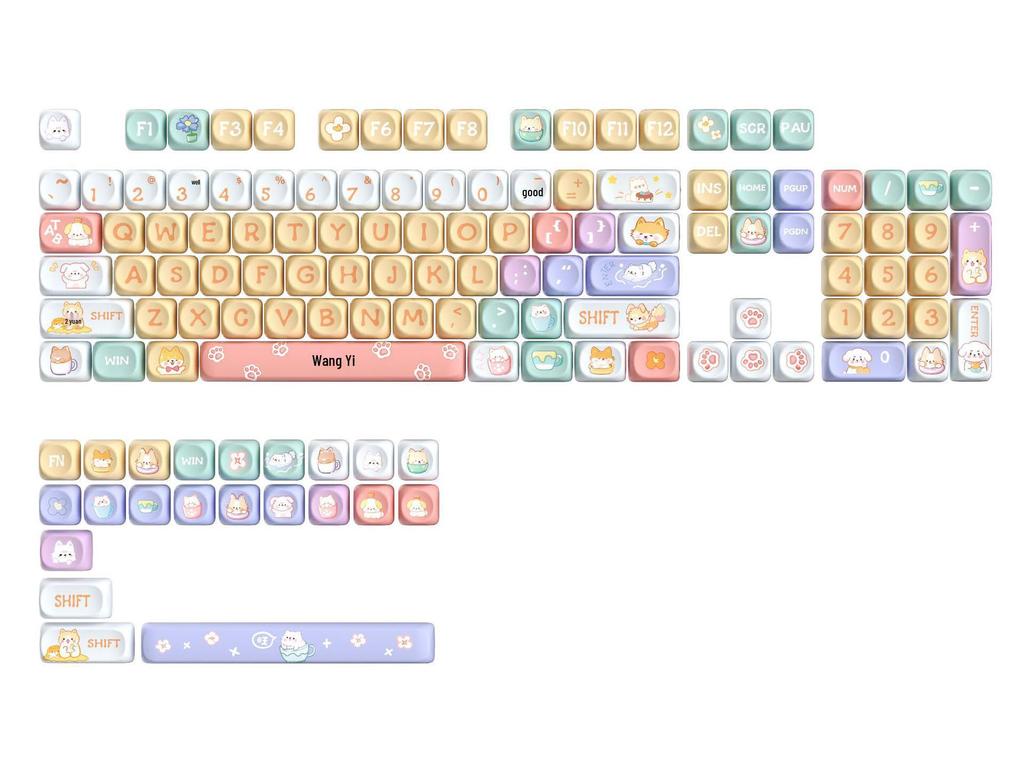 Blue Cute Cartoon Bear Keycap Set - Ice Cream Theme, 75-98 Keys, Highly Sublimated for Mechanical Keyboards