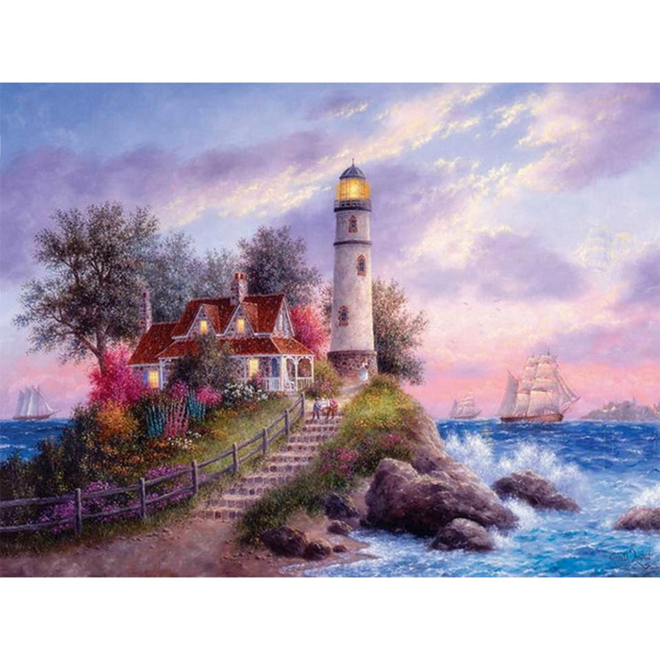 Diamond 5d Landscape Full Painting Round Diamond Embroidery Seaside Lighthouse Rhinestone Craft Mosaic Home Decoration Picture