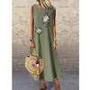 New Cotton Linen Round Neck Sleeveless Printed Vest Dress for Women