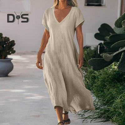Женское хлопковое льняное платье макси, повседневное, с коротким рукавом, V-образным вырезом, длинное платье, летний пляжный сарафан для отдыха