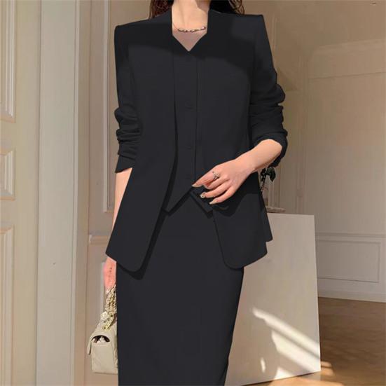 2 Pcs/Set Women Suit Coat Skirt Set Formal Business Style Long Sleeves Open Sticth Coat High Waist Slim Fit A-line Midi Skirt Outfit