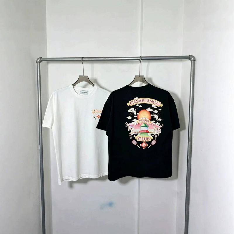 Casablanca Print Unisex Loose Fit Cotton T-Shirt 2026 Breathable Durable Round Neck Tee In White Black Pink Light