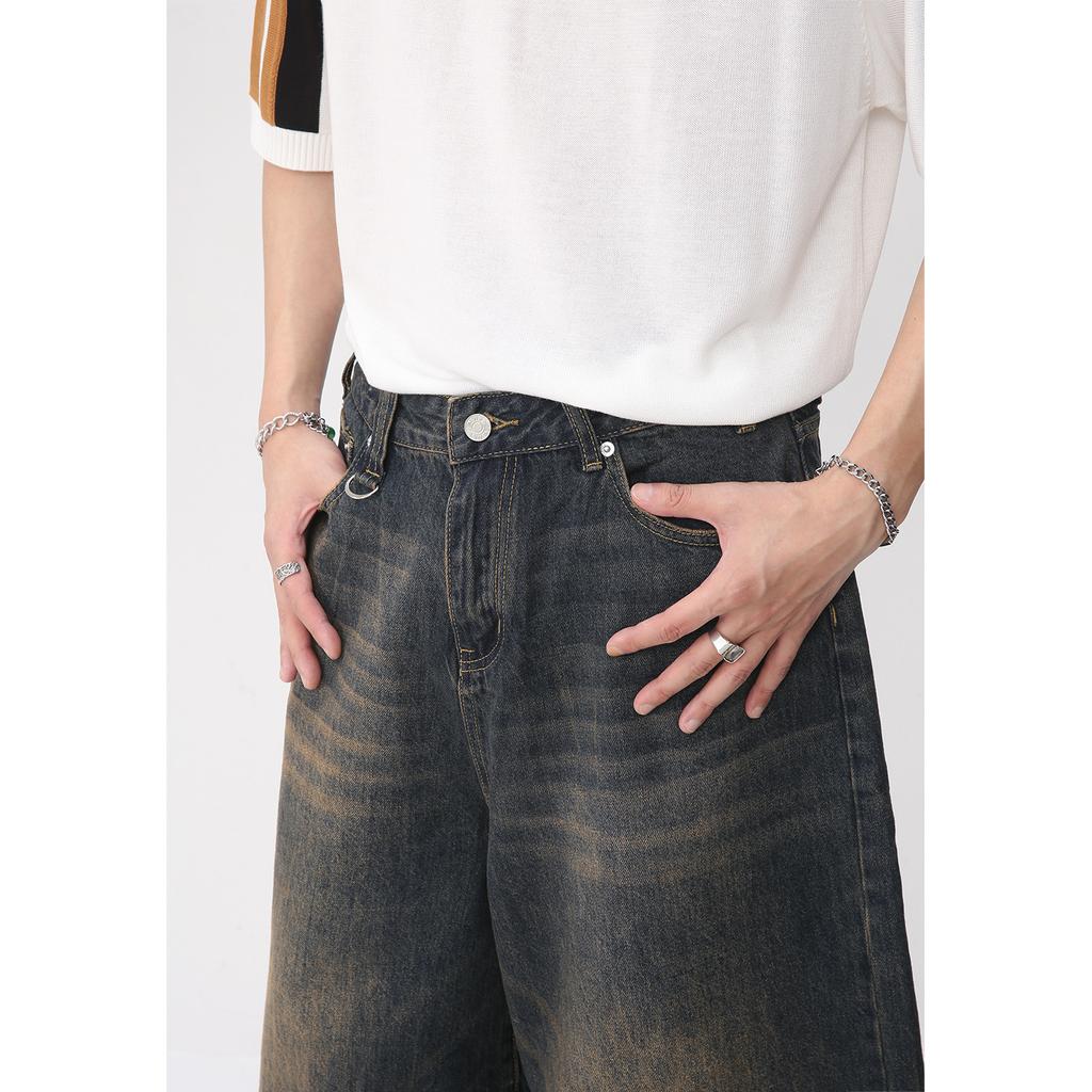 Men's Summer New Product Korean Loose Wide Leg Retro Distressed Flared Cropped Pants