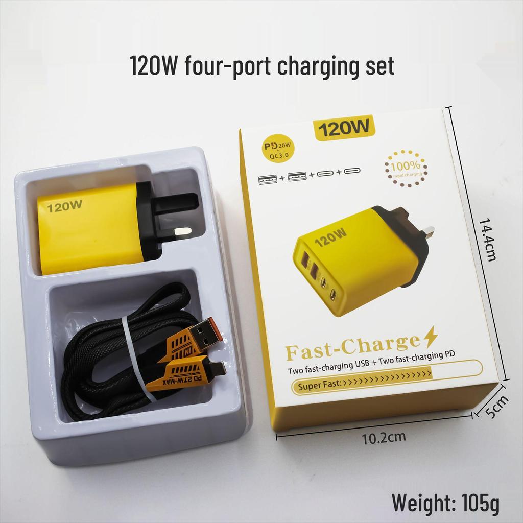 Многопортовое быстрое зарядное устройство 120 Вт: Два USB и два Type-C, совместимость с США и ЕС