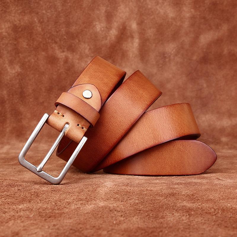Belt Men's Matte Stainless Steel Buckle Genuine Cattlehide Leather Surface Retro Simple Fashion Trendy All-Matching Jeans Belt