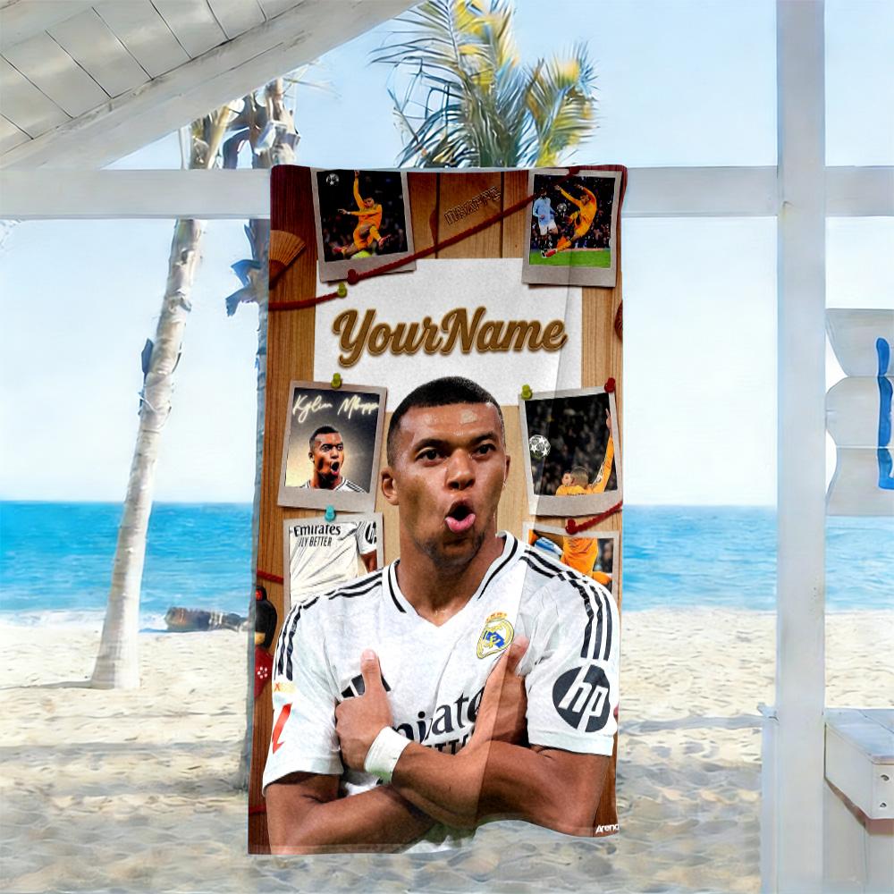 Mbappe Customize Text Beach Towel Super Soft Microfiber Quickdry Fabric Suitable for Swimming Gym Camping Yoga Vacation
