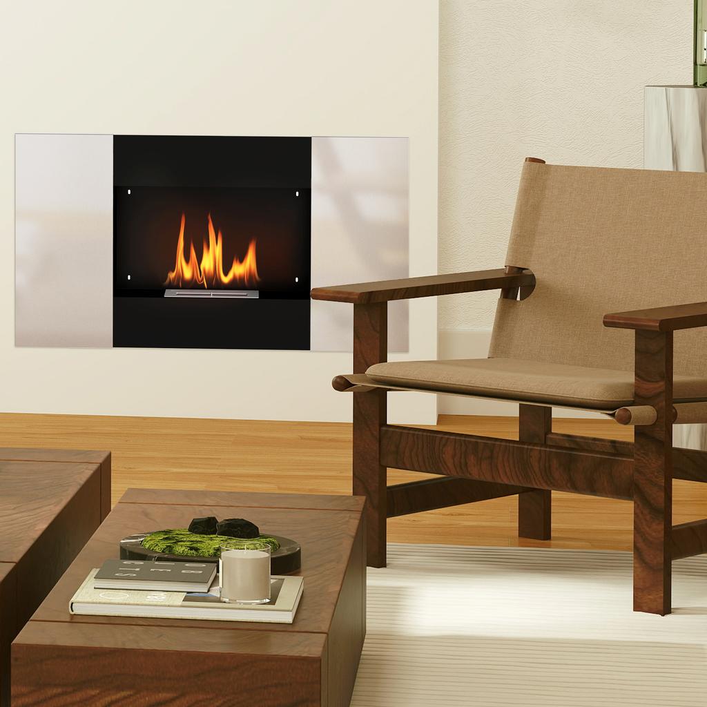 0.9L Wall-Mounted Bioethanol Fireplace in Stainless Steel, 100x15x54 cm, Black and Silver