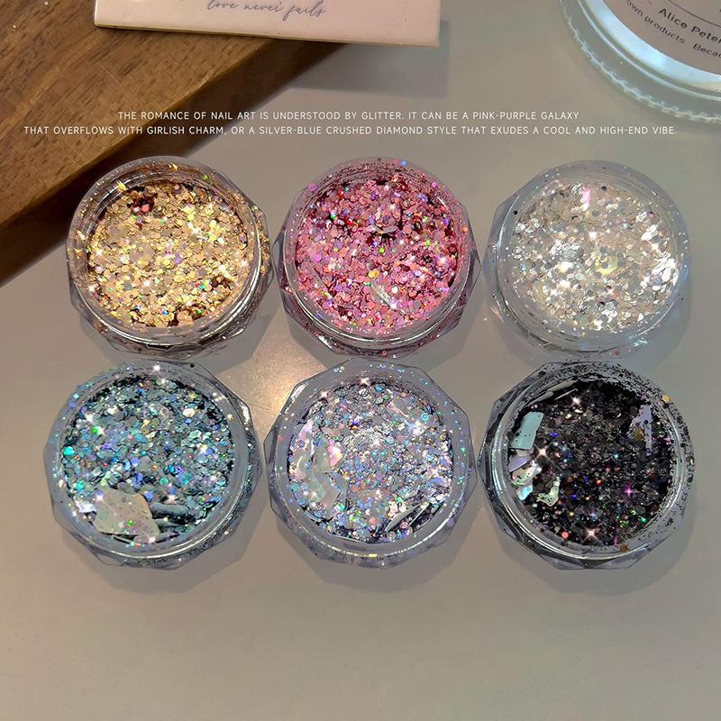 1 Box Holographic Pure Shiny Glitter Flakes Sparkly Chunky Iridescent Gold Silver Metallic Mermaid Nail Art Powder Sequins