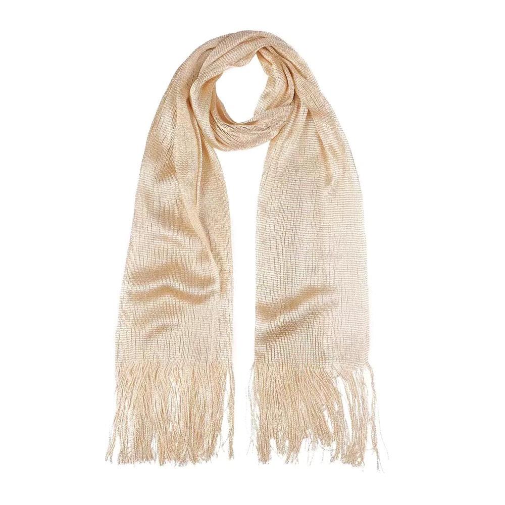 Солнцезащитный кружевной шарф с кисточками из шелка, манишка, защита шеи, яркая ажурная шаль, тонкий модный золотистый серебристый блестящий шарф