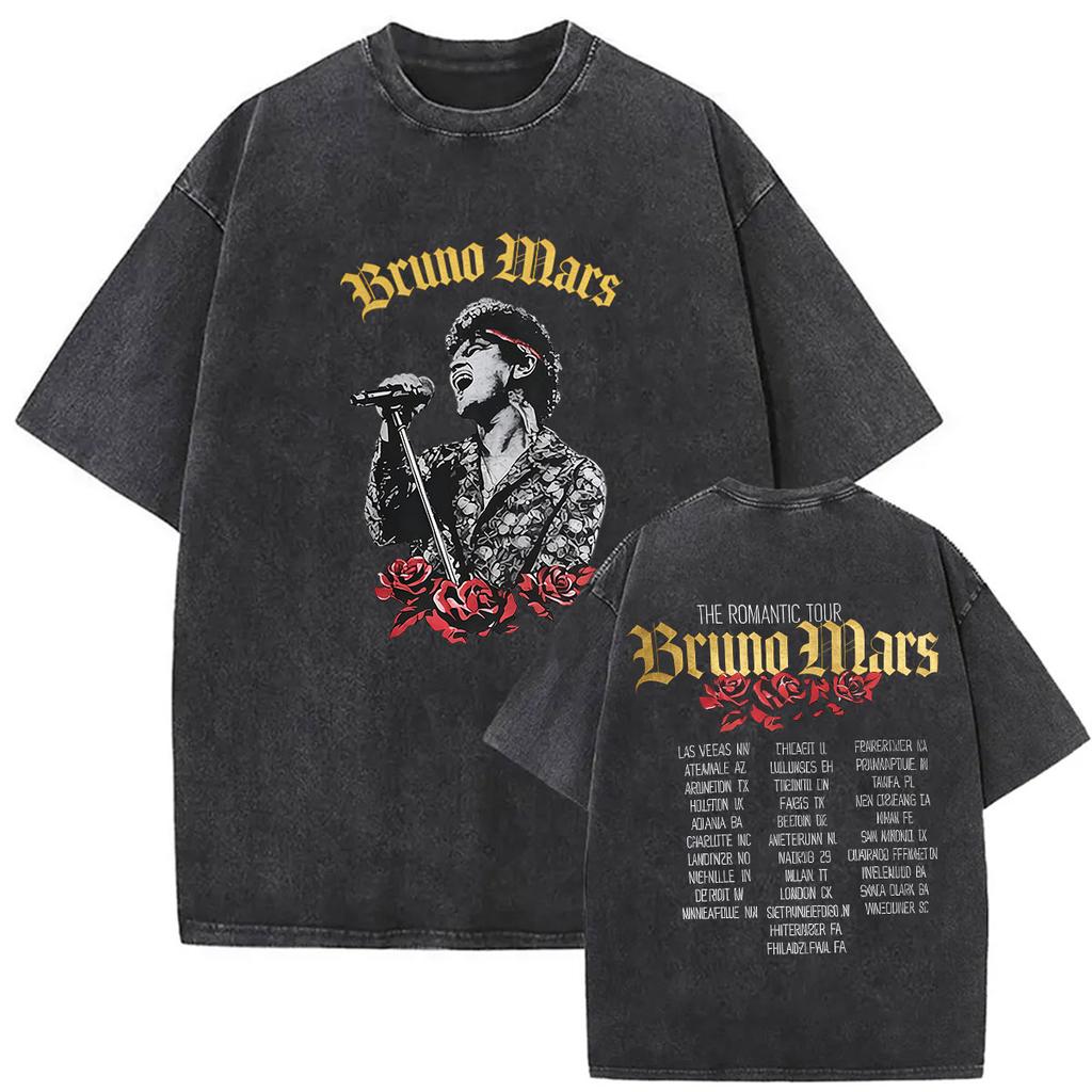 Vintage Washed Rapper Bruno Mars New Album Graphic T Shirts Mens Hip Hop Pop Loose Fashion Short Sleeve Tshirt Streetwear