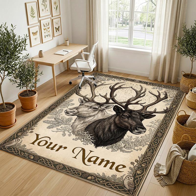 Deer Theme Crystal Velvet Rug Personalized Custom Name Text Soft Floor Mat Home Decor