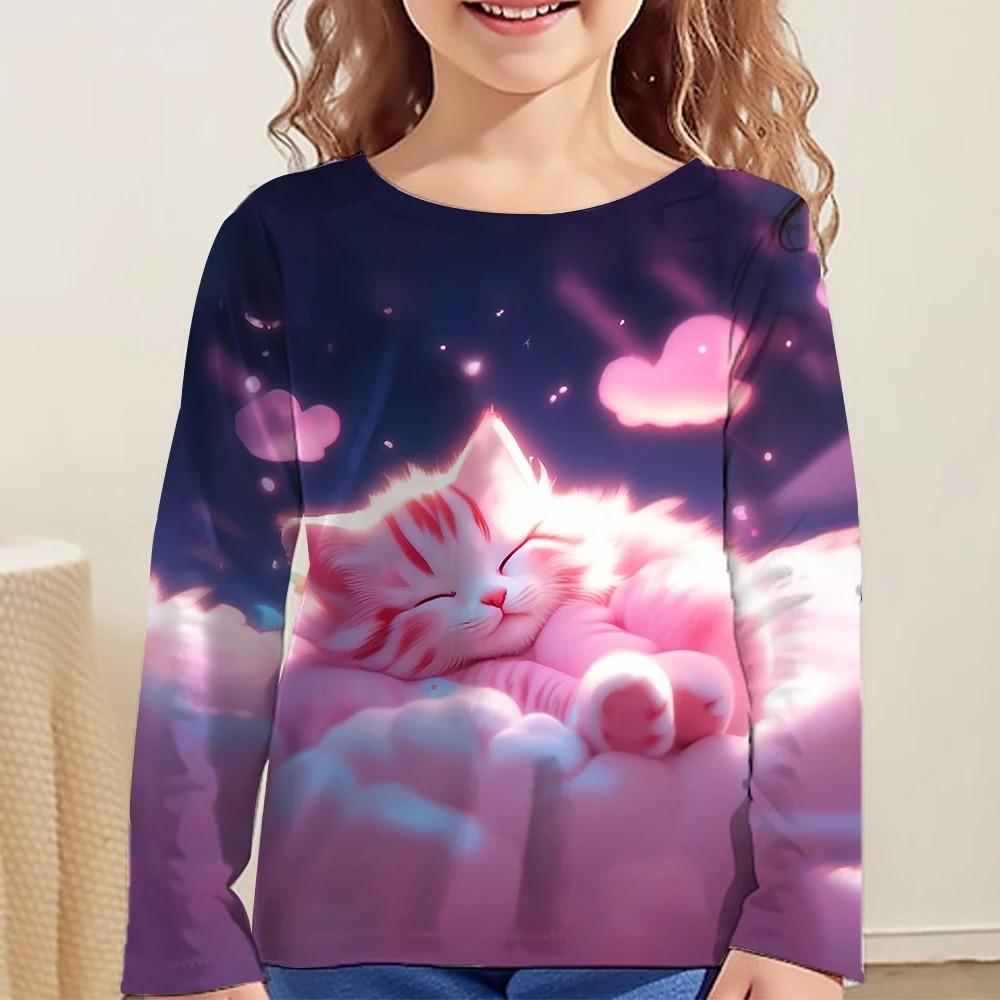 Children's Cute Cat 3D Digital Printed Girl Fashion Trend Round Neck Long Sleeved T-shirt