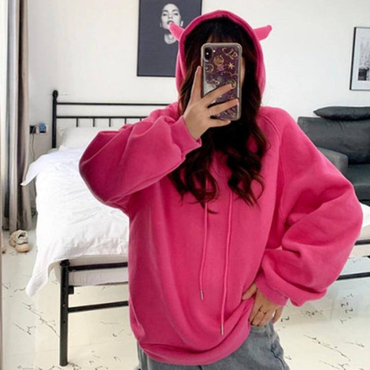 Japanese Style Women Anime Hoodies Warm Winter Fashion Loose Mid Length Thickened Velvet Long Sleeved Sweater Hooded Sweatshirt