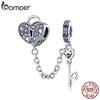 BAMOER 925 Sterling Silver Key of Heart Lock Crystal CZ Chain Charms Fit Charm Bracelets