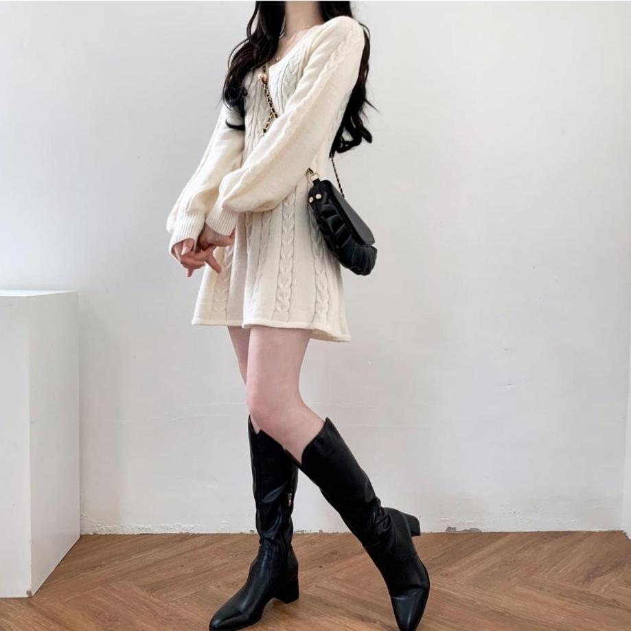 Вязаный вязаный свитер, мини-платье, женские повседневные короткие платья с рукавами-фонариками, осенне-зимняя одежда с v-образным вырезом, женская одежда