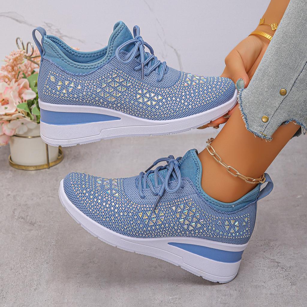 Women's Sneakers Shiny Rhinestone Wedge  Breathable Knit Non Slip Walking Shoes Woman Plus Size Fashion Thick Sole White Sneaker