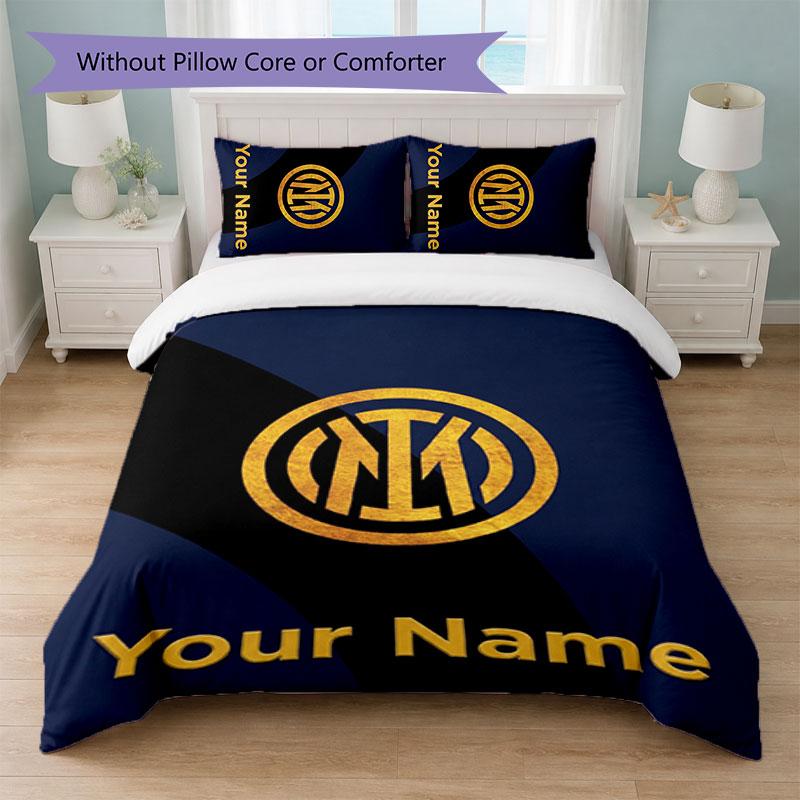 Inter Milan Custom Name Text Bedding Set 1 Duvet Cover+2 Pillowcases Soccer Logo Personalized Gift For Special Occasion Bedroom Decor