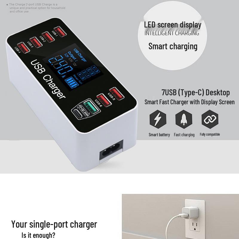 8-портовое USB-зарядное устройство QC3.0 Быстрая зарядка с умным дисплеем и PD20W для телефонов и планшетов