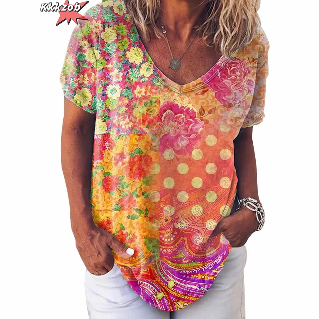 Винтажный топ с принтом, женская уличная одежда с короткими рукавами, летняя футболка, женская модная повседневная футболка с v-образным вырезом, женская одежда большого размера Y2k