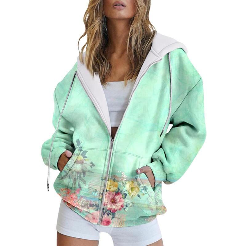 Womens Winter Hooded Zip-Up Sweatshirt Loose Fit 3D Printed Casual Pullover Long Sleeve