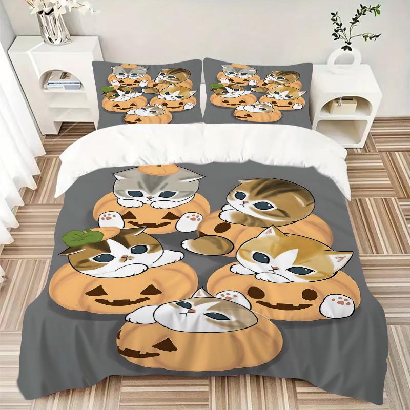 3pcs Pumpkin Kittens Bedding Set - Includes Quilt Cover and Pillowcases, Suitable for All Seasons, Machine Washable - Ideal Gift for Family