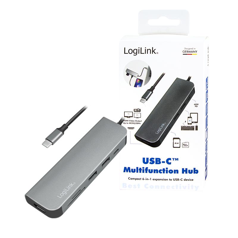 Hub USB-C 3.0 6in1 LogiLink hdmi 4K/30Hz PD SD card reader microSD 60W 4K