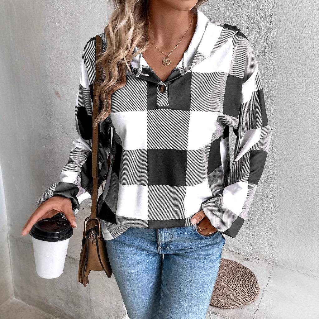 Europe, America autumn and winter new women's clothing neutral plaid printing loose casual fashion button hooded long-sleeved sweater