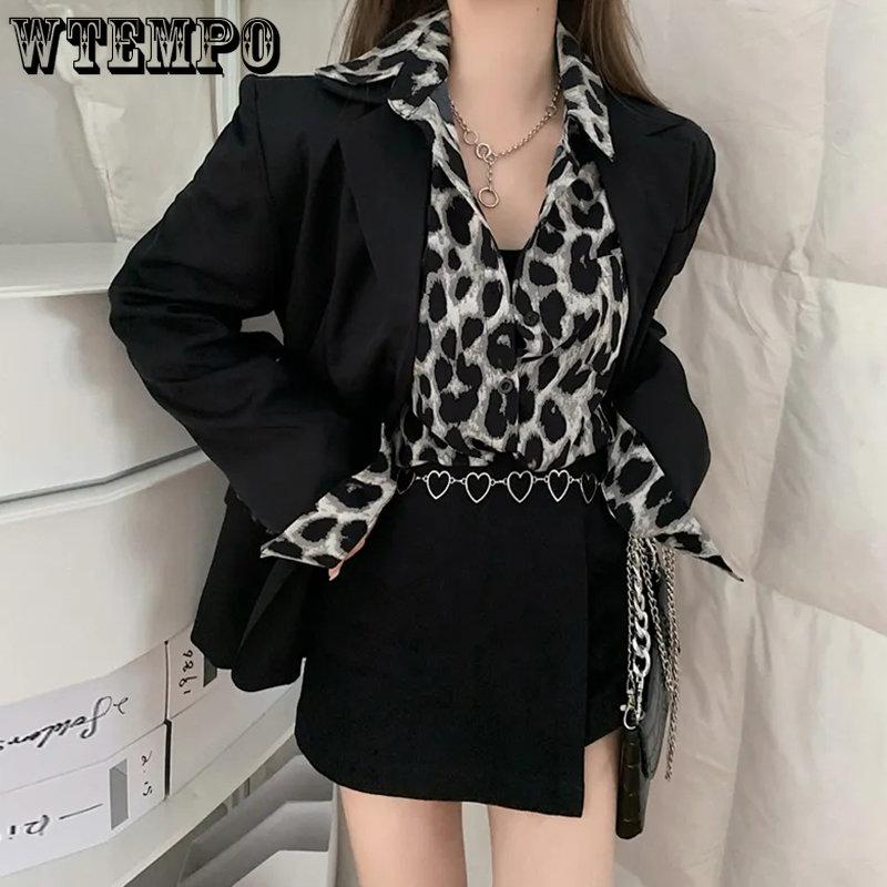 Женские винтажные футболки с длинными рукавами с леопардовым принтом, женские весенне-осенние повседневные однобортные рубашки средней длины, уличная одежда