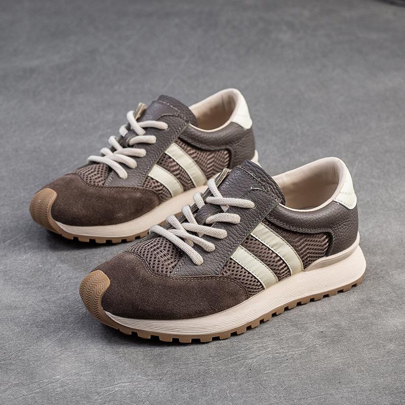 Johnature Sports Casual Women's Shoes Breathable Mesh Splicing Genuine Leather Lace Up Comfortable Sneakers