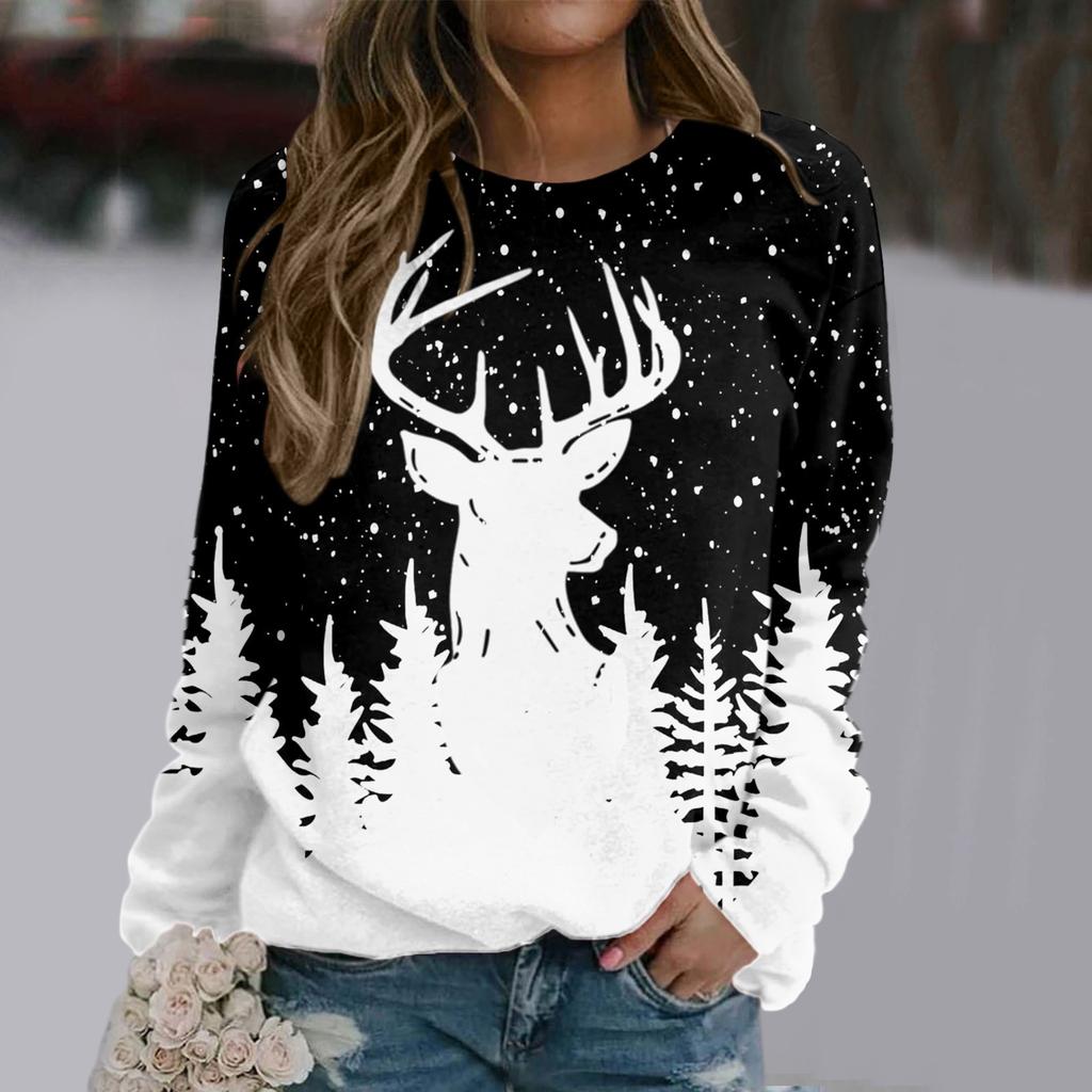 Женская повседневная рождественская печатная толстовка, уличные спортивные костюмы, снежный рождественский олень, длинный рукав, блузка с принтом O-образного выреза