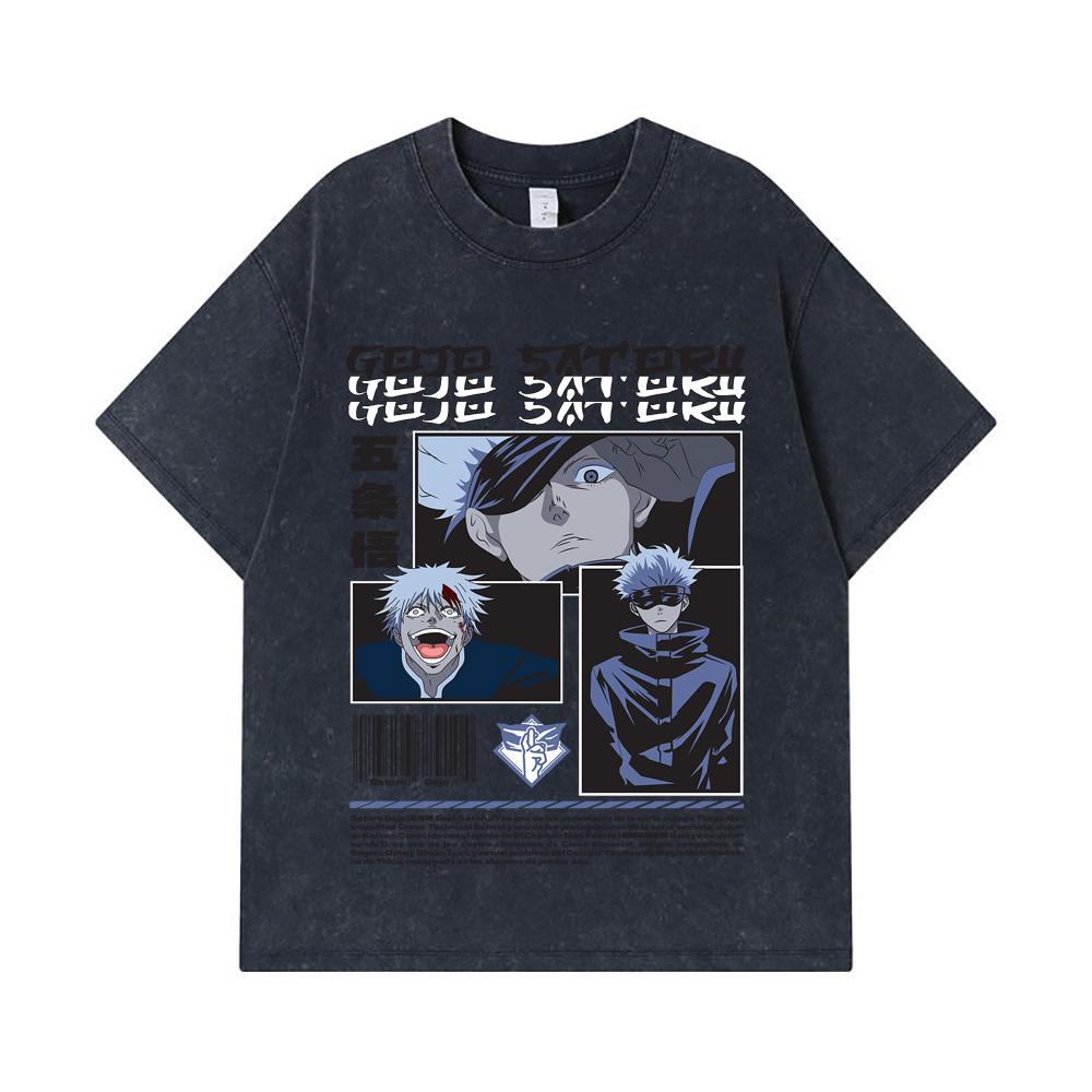 275 GSM Washed T-shirts 100% Cotton Jujutsu Kaisen V26 Gojo Print Unisex Heavy Cotton T Shirt
