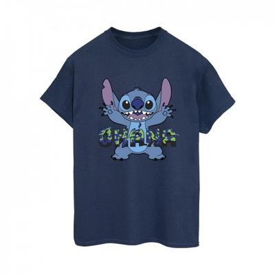 Женская/женская футболка бойфренда Lilo And Stitch Ohana синего цвета с глитчем
