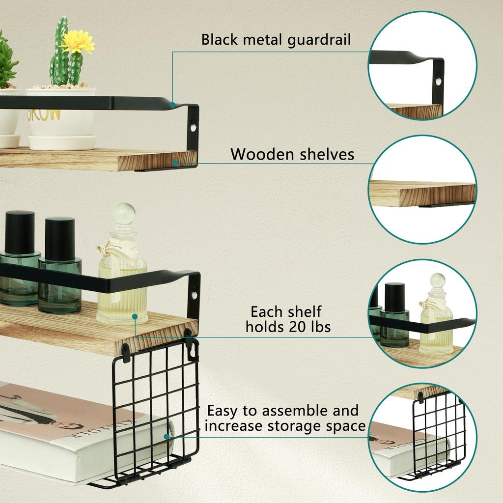 Floating Shelves Wall Mounted Bathroom Shelves with Paper Storage Basket Wooden Wall Shelves for Bathroom Kitchen Storage Rack