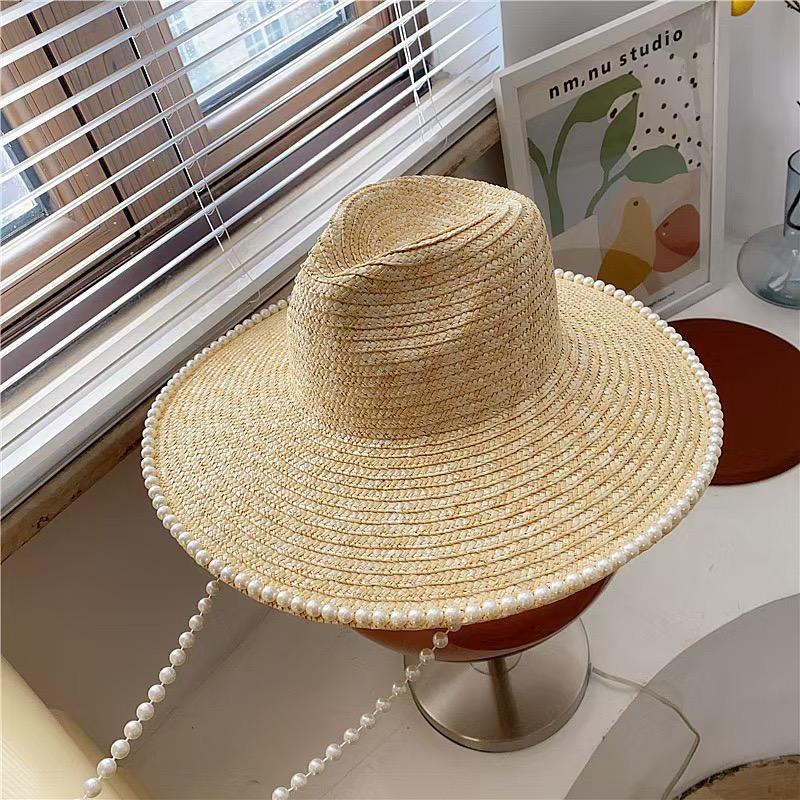 Women's Summer Sun Protection Sun Hats with Pearl Chain, Eaves Straw Fashion Straw Hats for Outdoor Travel