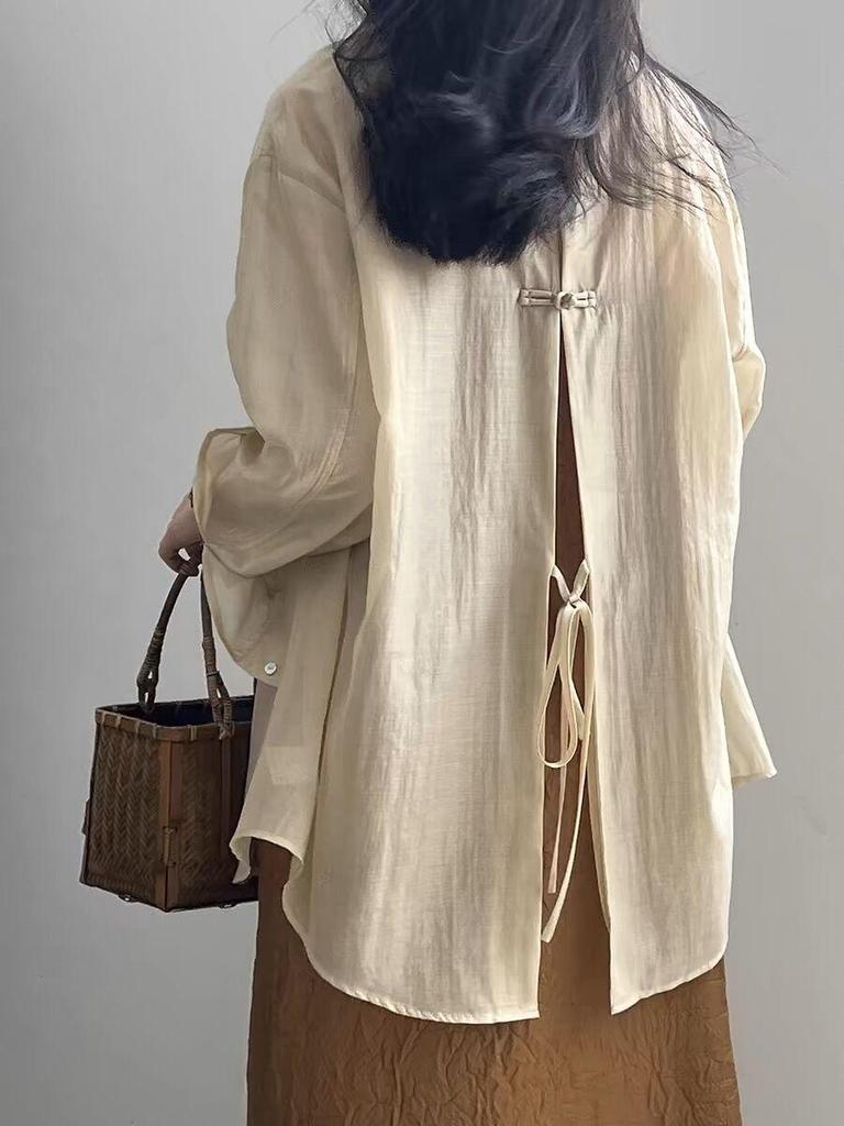 Women's Summer Loose Fit Tencel Shirt with Frog Buttons and Tie-Back, Turn-Down Collar, Sun Protection