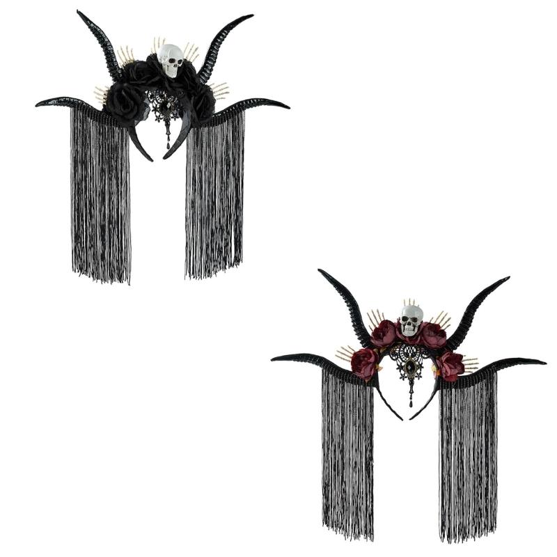 Dark Series Skull Antelope Horn Hairband With Skull Flower Design For Halloween Costume Party Dressingup Accessories