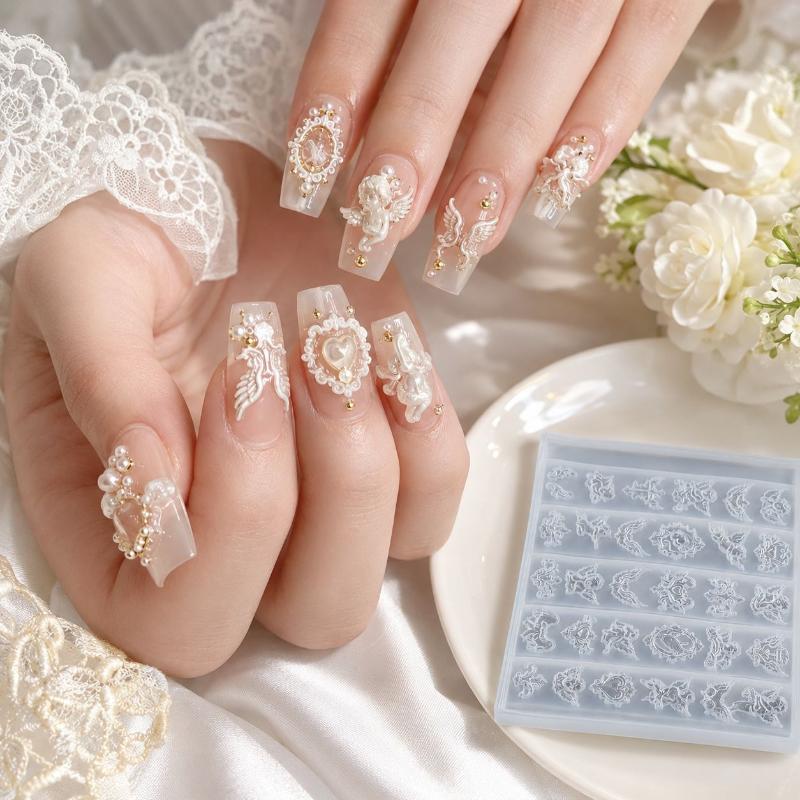Silicone Nail Art Charm Mold Heat Resistant Angel Heart Fruit Prints for Home DIY Manicure Nail Decoration Making