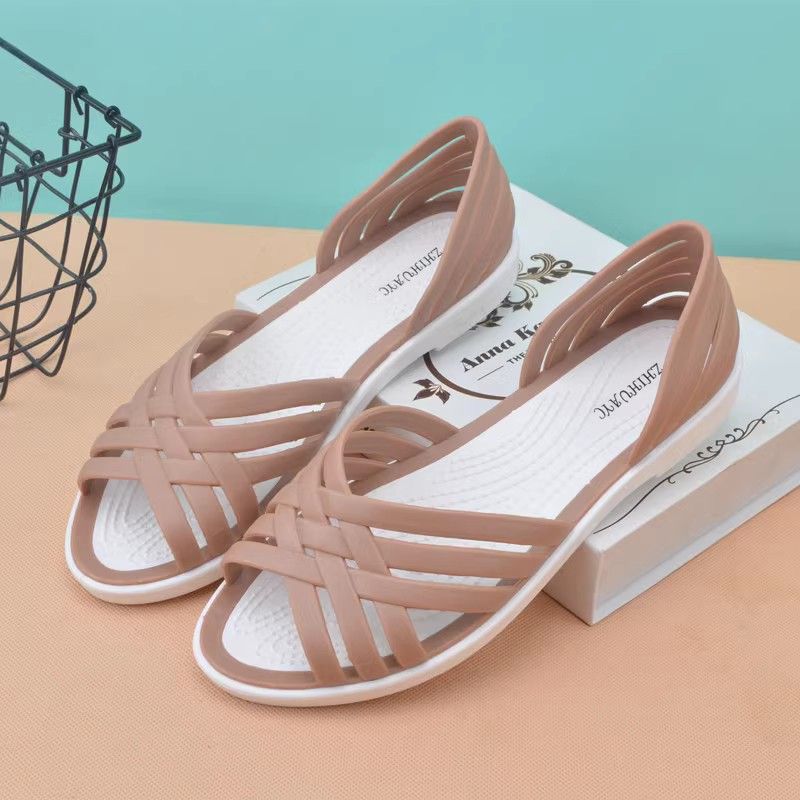 Летние женские сандалии с открытым носком, новые сандалии-желе на плоской подошве с кристаллами, женские нескользящие пластиковые сандалии для пляжа