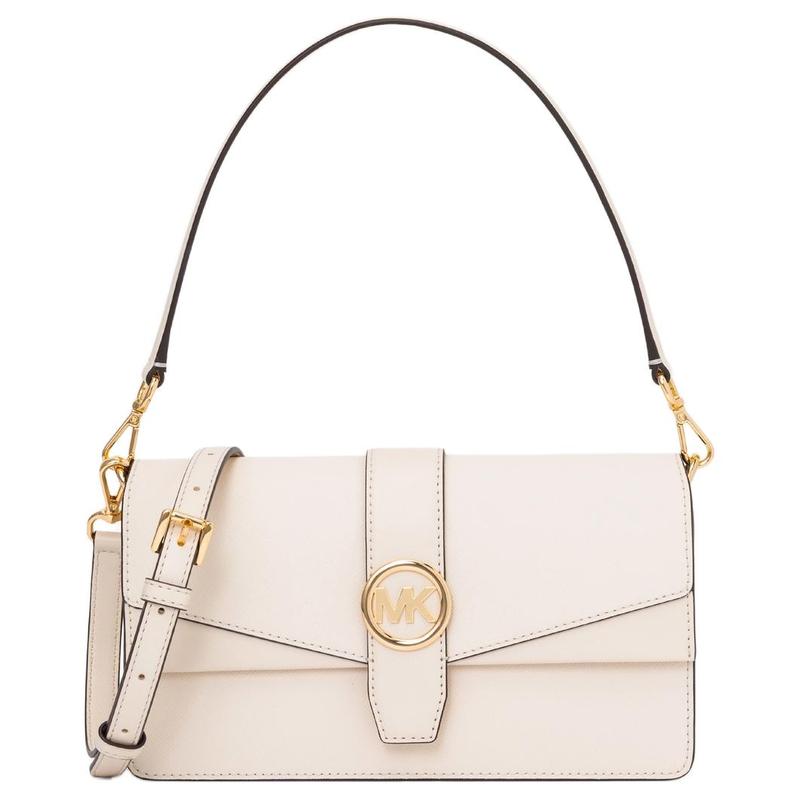 MICHAEL KORS Greenwich Gold Round Metal Design Cow Leather Shoulder Bag Medium Women's Light Cream