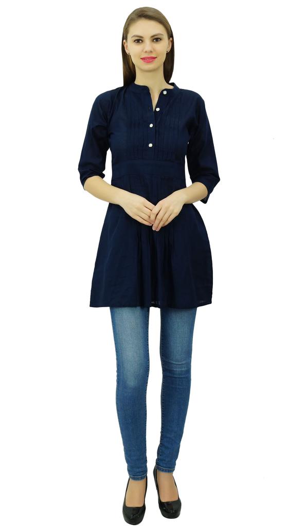 Phagun Women's Elegant Short Tunic Mandarin-Collar Kurti Chic Casual Cotton