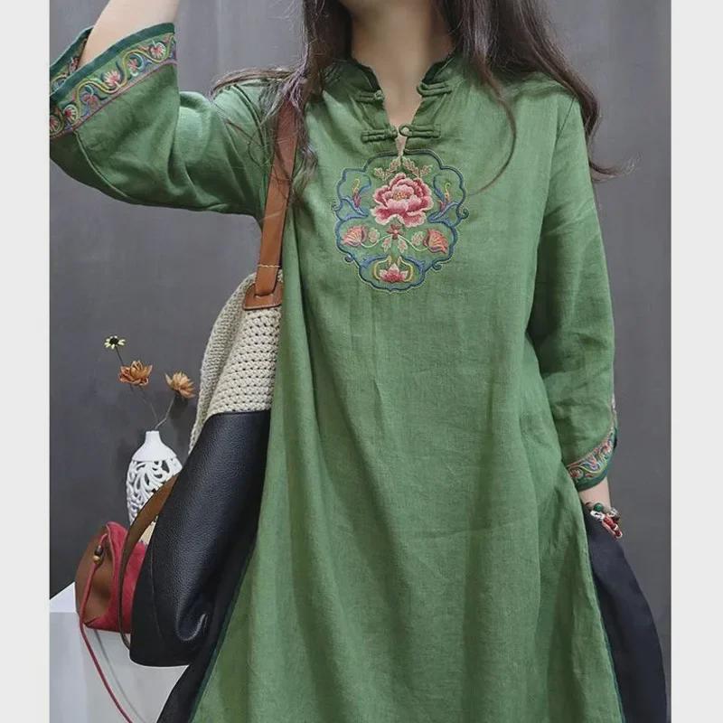 Женское платье-юбка в китайском стиле с вышивкой в стиле ретро - Большие размеры